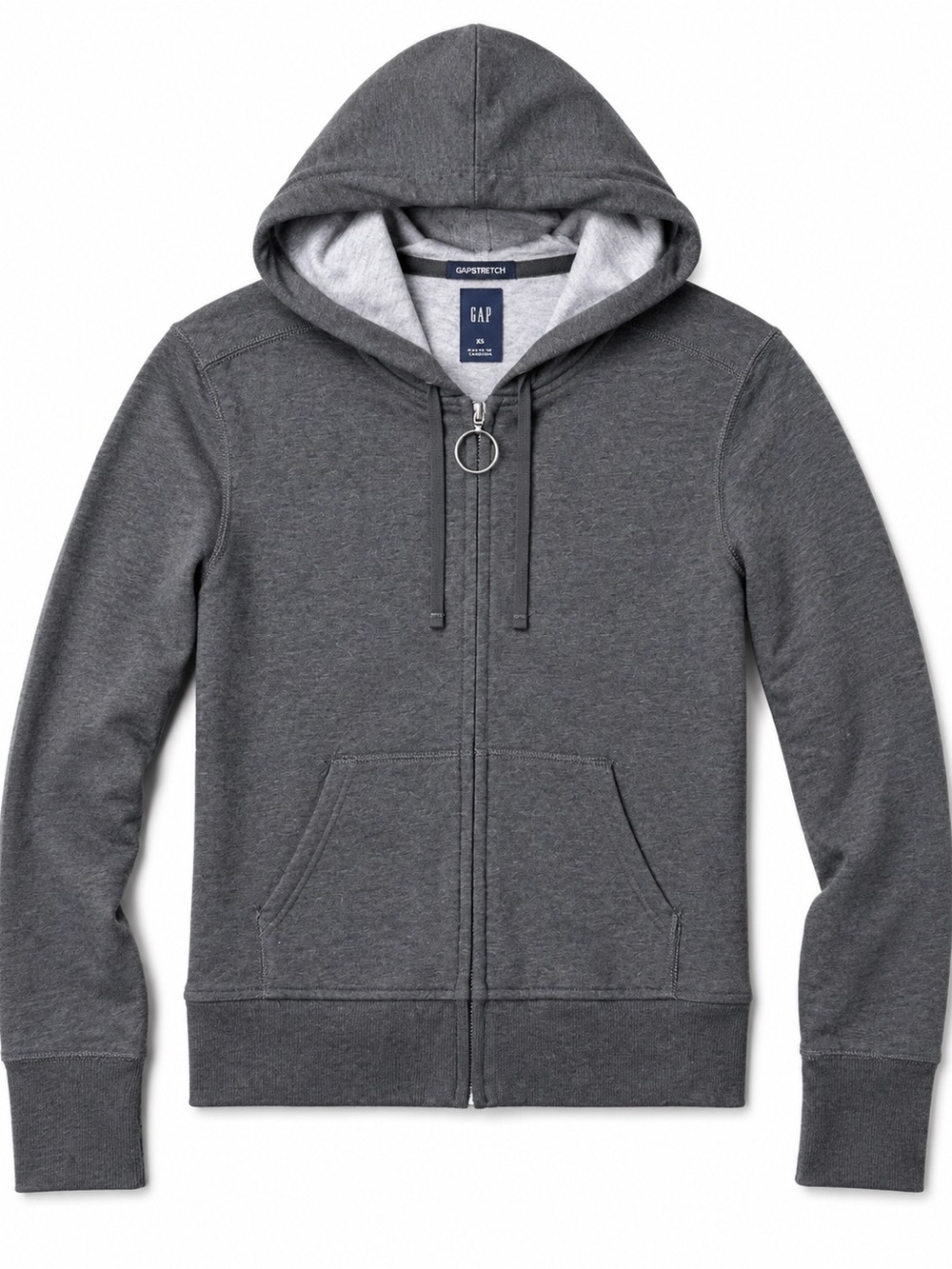 Vintage Y2K Gap Stretch Grey Full Zip Hoodie O-Ring Pull XS